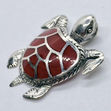 PD 14201 CR-(HANDMADE 925 BALI SILVER TURTLE PENDANT WITH CORAL)